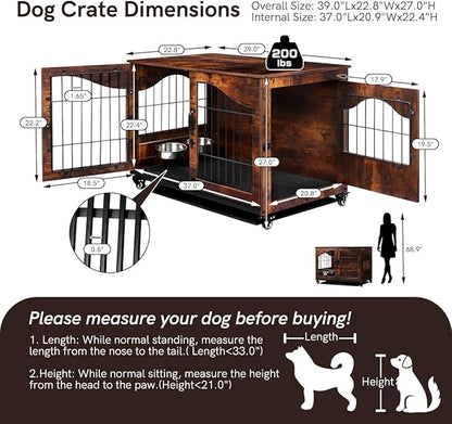 Snowtaros Dog Crate Furniture with 360° Rotatable Hidden Bowls, Heavy Duty Wooden Dog Kennel with Double Doors, Dog Cage End Table Indoor with Removable Tray Swiveling Wheels for Small Medium Dogs
