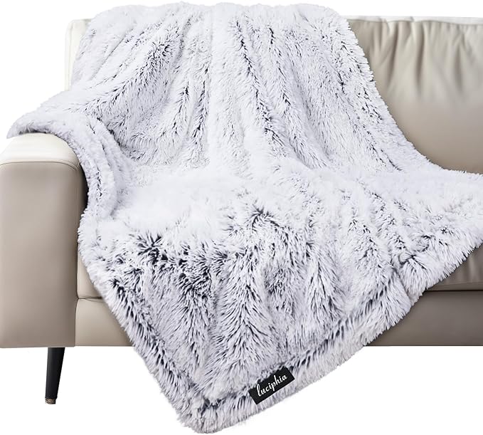 Luciphia Large Waterproof Dog Blanket Pet Washable Liquid Proof Furniture Protector Shaggy Plush Calming Long Faux Fur Bed Cover for Couch Cat Blankets Reversible Protection, Mist Grey, 50" x 60"