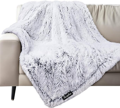 Luciphia Large Waterproof Dog Blanket Pet Washable Liquid Proof Furniture Protector Shaggy Plush Calming Long Faux Fur Bed Cover for Couch Cat Blankets Reversible Protection, Mist Grey, 50" x 60"