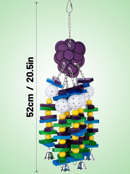 Large Bird Parrot Toys with Bells- Parrots Cage Chewing Toy Gift with Colorful Wood Blocks Beads- Bird Parrot Chewing Sticks Toys for Cockatoos African Grey Macaws and Amazon Parrots(Grape Style)