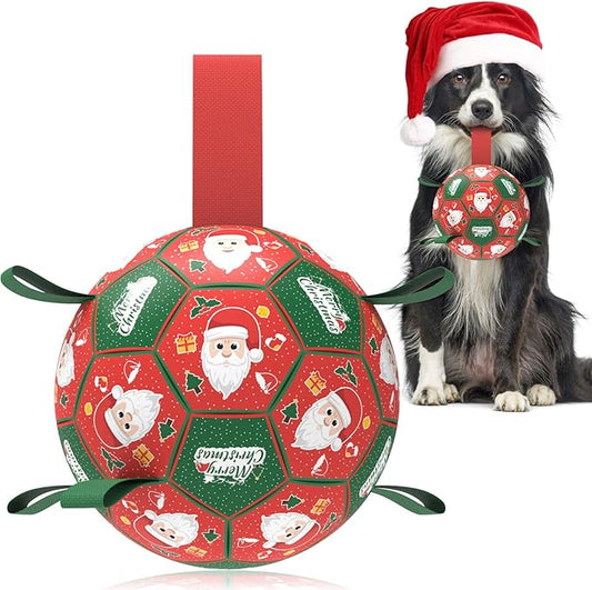 QDAN Christmas Dog Soccer Balls with Straps, Interactive Dog Toys for Tug of War, Puppy Birthday Gifts, Dog Tug Toy, Dog Water Toy, Durable Dog Balls for Small & Medium Dogs（6 Inch）