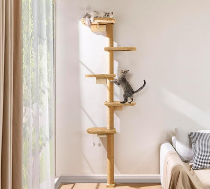 5-Tier Tall Cat Tree for Kittens, Floor to Ceiling Wall Mounted Cat Wall Shelves with Brown Plush Pads, Adjustable Wild Simulation Cat Tower for Climbing, Scratching & Lookout