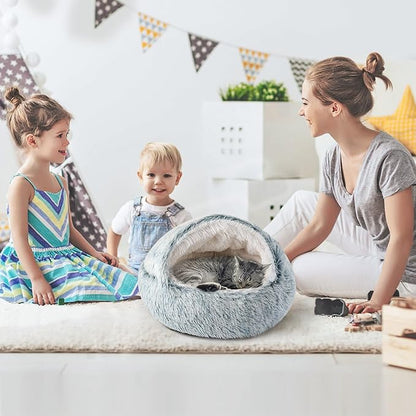 CATISM Cozy Cat Pod - Plush Hooded Cat Bed Cave, Self Warming, Removable Washable with Non-Slip Bottom