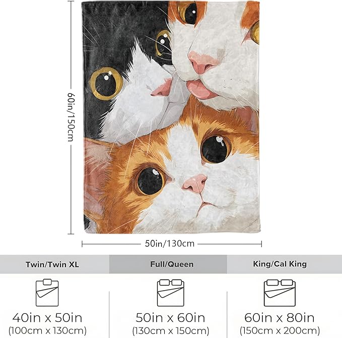Cute Cat Faces Blanket, Soft Cozy Lightweight Adorable Kittens Throw Blanket for Women Cat Lovers Girls Adults Kids, Sofa Couch Bed 50x60 Inch Flannel Blankets for Travel Decor Gifts