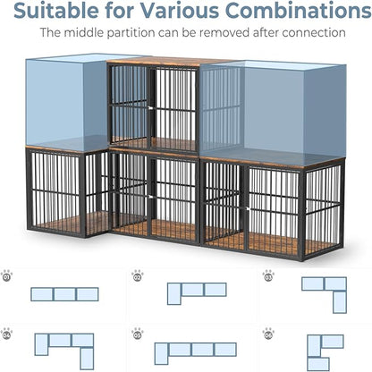 86.62''Dog Crate Furniture Large Breed TV Stand with Double Rooms,Wooden Dog Kennel Dog Crate End Table with Removable Divider for Large Medium Dogs, Can Use Separately, Brown