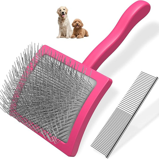 2PCS Slicker Brush for Dogs & Pet Comb,Professional Dog Grooming Brush (Goldendoodles,Poodles,Labradoodles) with Extra Long Pins to Effectively Remove Tangles, Knots and Mats (Pink Large)