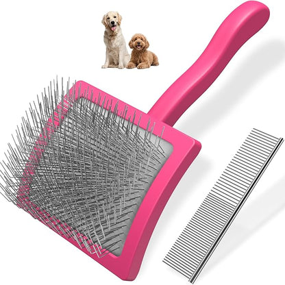 2PCS Slicker Brush for Dogs & Pet Comb,Professional Dog Grooming Brush (Goldendoodles,Poodles,Labradoodles) with Extra Long Pins to Effectively Remove Tangles, Knots and Mats (Pink Large)