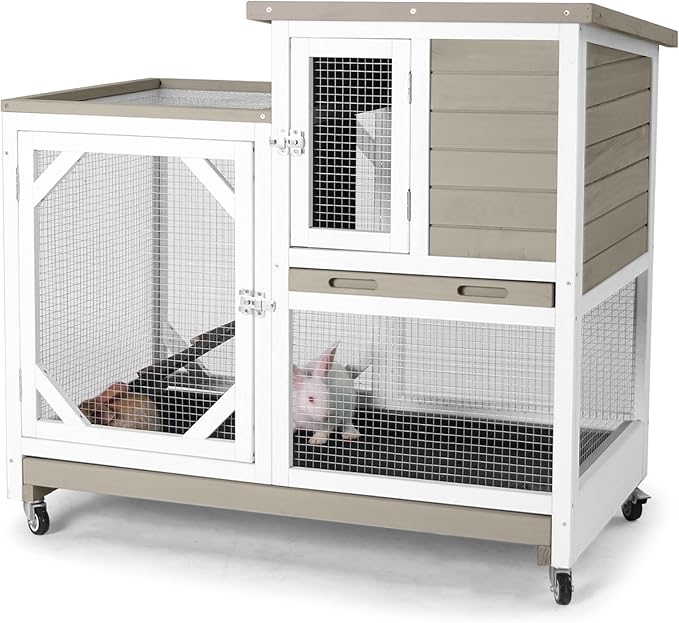 GUTINNEEN Rabbit Hutch Indoor 2 Story with 3 Doors, Outdoor Bunny Cage with Movable Wheels and Easy Clean Trays for Guinea Pig Cage 40.6" L (White and Matcha)
