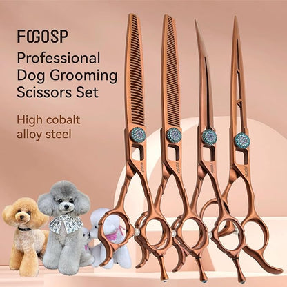 7.5'' Dog Grooming Scissors Set 4PCS Curved Thinning Straight Chunkers Shears Kit with Hollow Out Design Ergonomic Offset Handle High Cobalt Alloy Steel Sharp and Durable(7.5, Chocolate Kit)