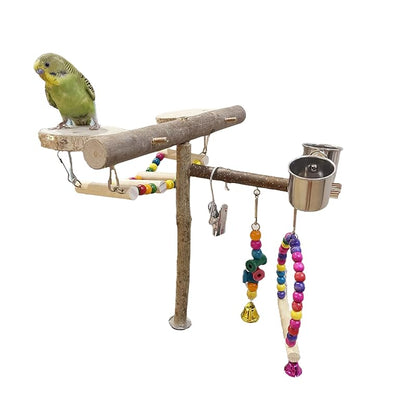 Natural Wood Bird Perch Playground for Outside the Cage Wall, Bird Platform and Play Area for Small to Medium Parrots like Cockatiels, Conures, Parrotlets, Lovebirds, and Budgies, Bird Cage Accessory