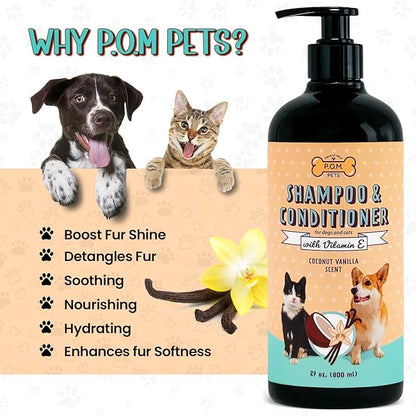 POM Pets 2-in-1 Organic Dog Shampoo & Conditioner – Itchy Skin Relief, Dog Deshedding, Detangles Fur, Cat Shampoo, Paw Cleaner for Dogs, Natural Coat Defense Formula