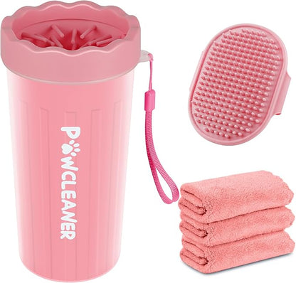 Dog Paw Cleaner for Dogs, (with 3Pcs Absorbent Towels & Adjustable Bath Brush) Dog Paw Washer, Pet Foot Cleaner (Pink, Large)