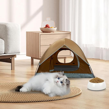 Outdoor Waterproof Pet Camping Tent, Cave Bed for Indoor Cats and Small Dogs, Portable Cat House Dog House, 29.5x29.5x18.9'', Brown, M.