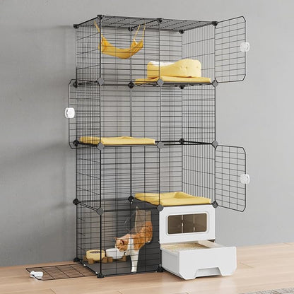 Oneluck Cat Cage Indoor with Litter Box 3-Tier DIY Cat Detachable Metal Wire Kennel Crate Large Exercise Place Ideal for 1-2 Kitties