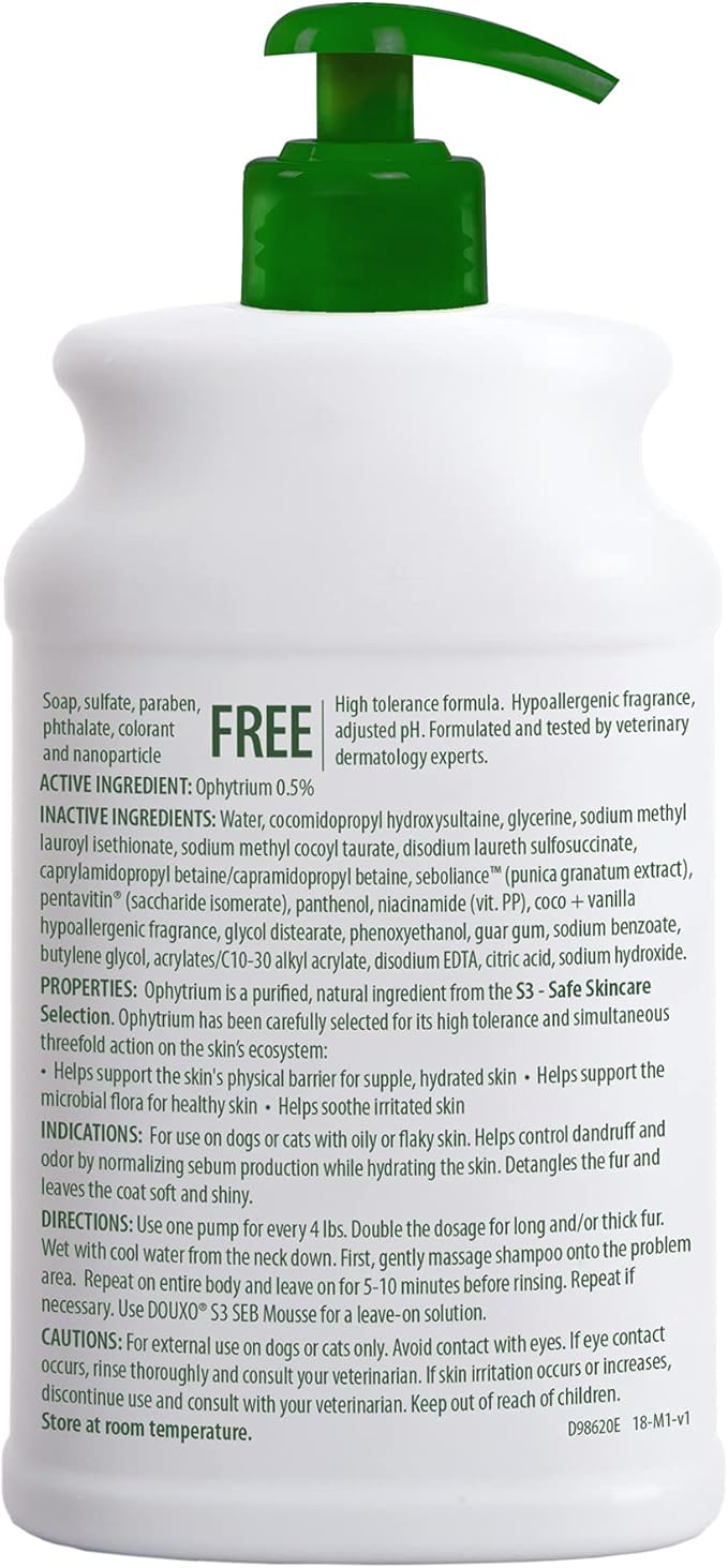 Douxo S3 Seb Shampoo, Contains 0.5% Ophytrium, Odor Control & Seboregulating, For Oily to Flaky Skin, Seborrhea, For Dogs and Cats, 16.9 fl. oz. (500mL)