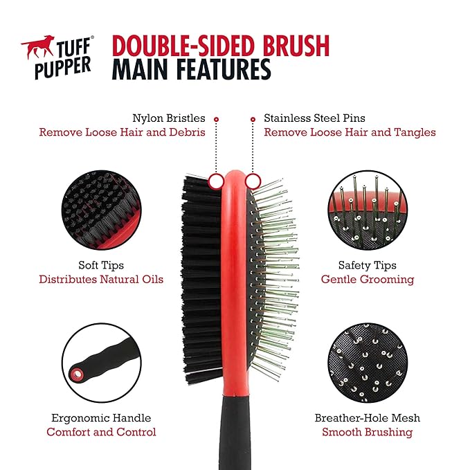 Tuff Pupper Double Sided Dog Brush, Detangling Tool for Dogs and Cats, Pin & Bristle Pet Brush, for and Hair Types, With Comfort-Grip Anti-Slip Handle, Brown, Black, White