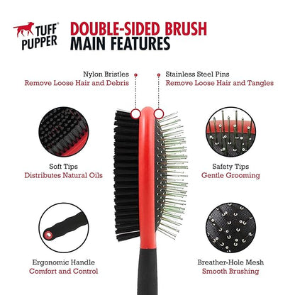 Tuff Pupper Double Sided Dog Brush, Detangling Tool for Dogs and Cats, Pin & Bristle Pet Brush, for and Hair Types, With Comfort-Grip Anti-Slip Handle, Brown, Black, White