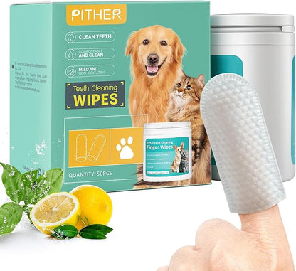 PITHER Dog Teeth Cleaning Wipes, 50pcs Pet Dental Finger Wipes Fresh Breath for Dogs and Cats Safe and Natural Wipe Away Plaque and Tartar Mildness in Nature Dog Brushing Set