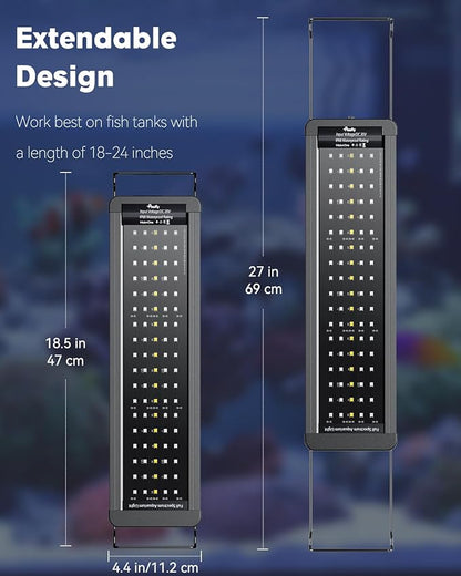 Pawfly 18W Saltwater Aquarium Light for 18" to 24" Fish Tanks Dimmable LED Reef Light for Coral Extendable Marine Fish Tank Light with Full Spectrum D/N Mode Timer Auto On/Off Adjustable Brightness