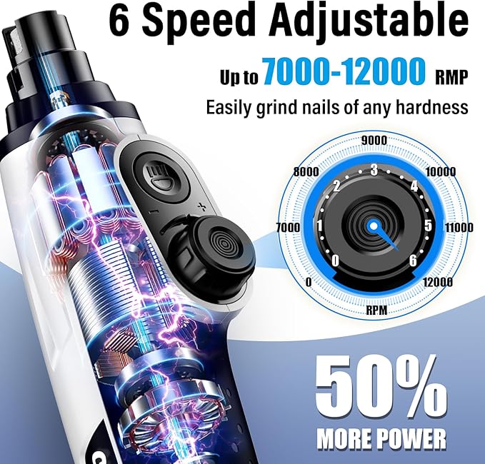 Casfuy Smart 6-Speed Dog Nail Grinder - 50% More Power Pet Nail Grinder with 2 LED Lights Quiet Rechargeable Electric Dog Nail Trimmers File Toenail Grinder for Large Medium Small Dogs & Cats (White)