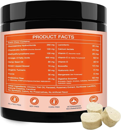 NATURE TARGET Glucosamine Joint Supplement for Dogs, Chondroitin, Omega-3, MSM, Hemp, Turmeric for Pain Relief, Dog Joint Supplement with Calcium for Bone Health, 120 Chicken Flavored Crunchy Chews