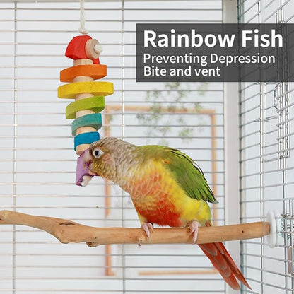 Bird Toys & Bird Perch, Bird Wooden Block Chewing Toy Parrot Foraging & Puzzle Toys Bird Cage Accessories for Conures Parakeets Cockatiels Lovebirds African Grey Macaws (Colorful Fish)