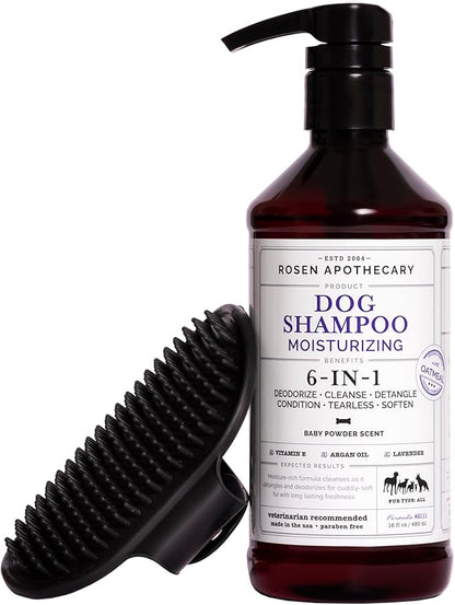 6-in-1 Moisturizing Dog Shampoo with Brush, Made with Naturally Derived Ingredients to Cleanse, Soothe, Deodorize, and Soften The Skin and Coat 480ml