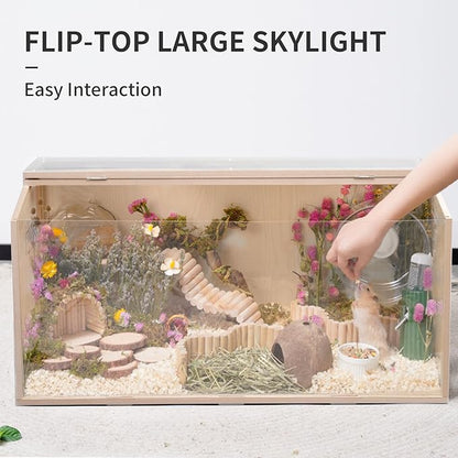 31.5 inch Wooden Hamster Cage, Large Habitat, Openable Top, Transparent Acrylic for Interior View, Ventilated, Easy to Clean, for Syrian Hamster, Dwarf Hamster, Gerbil, Other Small Pet Animals