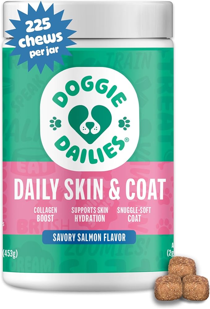 Doggie Dailies Skin & Coat Supplement Support, Salmon Oil for Dogs Skin and Coat with Collagen, Omega 3, Krill Oil, Biotin, & Coconut Oil for Dogs (Salmon) 225 Soft Chews