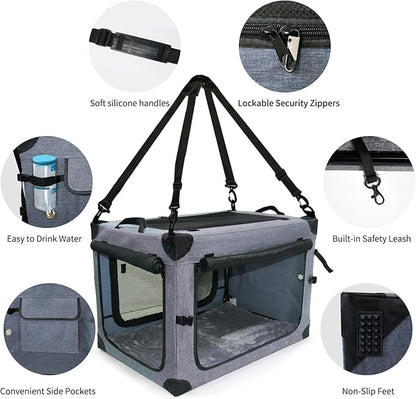 NEZUC Soft Collapsible Dog Crate - 30 Inch Portable Soft Sided Travel Dog Crates for Medium Dogs, 4-Door Foldable Dog Carrier, Pet Kennel Indoor & Outdoor (Gray, 30.0" L x 20" W x 20.0" H)