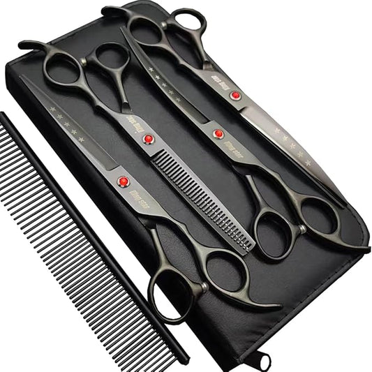 7.0in Titanium Professional dog Grooming Scissors set,Straight & Thinning & Curved scissors 4pcs set for Dog grooming Bright Black With Comb