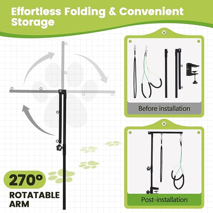 Dog Grooming Table Arm with Hammock, 35" Adjustable Height Grooming Arm with Clamp and No-Sit Haunch Holders, Suitable for Small & Medium Pets (Grooming Table Not Included)