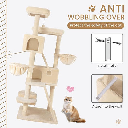 SHA CERLIN 65in Larger Cat Tree Tower Condo for Indoor Kitties/Multi-Level Furniture Activity Center with Wide Base/Cozy Plush Cat Perches/Baskets/Sisal Scratching Posts and Hammock/Beige