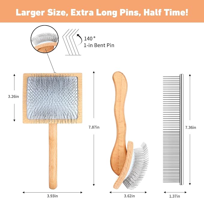 Dog Slicker Brush for Shedding and Grooming Medium or Long Haired Cats, Extra Long & Soft Pin Slicker Brush for Removes Loose Hair, Tangles, Knots, Undercoat, Free Pet Comb, Large, Clear