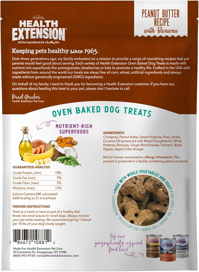 Health Extension Oven-Baked Dog Treats, 6oz (170g), Peanut Butter & Banana Recipe  Gluten & Grain-Free, Superfood-Infused, Crunchy Biscuits for Puppy Training