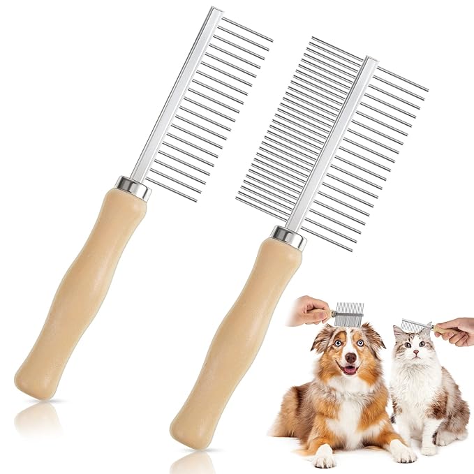 Tessco for you 2 Pcs Dog Metal Combs Cat Wooden Handle Grooming Combs Stainless Steel Hairbrush Double Side Metal for Pet Dog Grooming Brush Pet Cat Flea Hairbrush for Long Short Hair Fur Brush Tool
