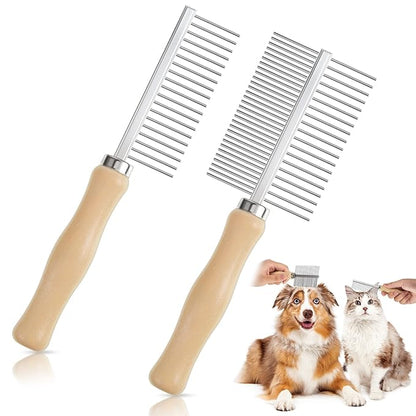 Tessco for you 2 Pcs Dog Metal Combs Cat Wooden Handle Grooming Combs Stainless Steel Hairbrush Double Side Metal for Pet Dog Grooming Brush Pet Cat Flea Hairbrush for Long Short Hair Fur Brush Tool