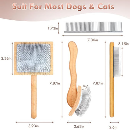 Large Dog Brush for Medium or Long Haired Dogs, Long Pin Slicker Brush for Removes Loose Hair, Tangles and Knots, Best Grooming Brush for Small Animals, Free Pet Comb, Wood