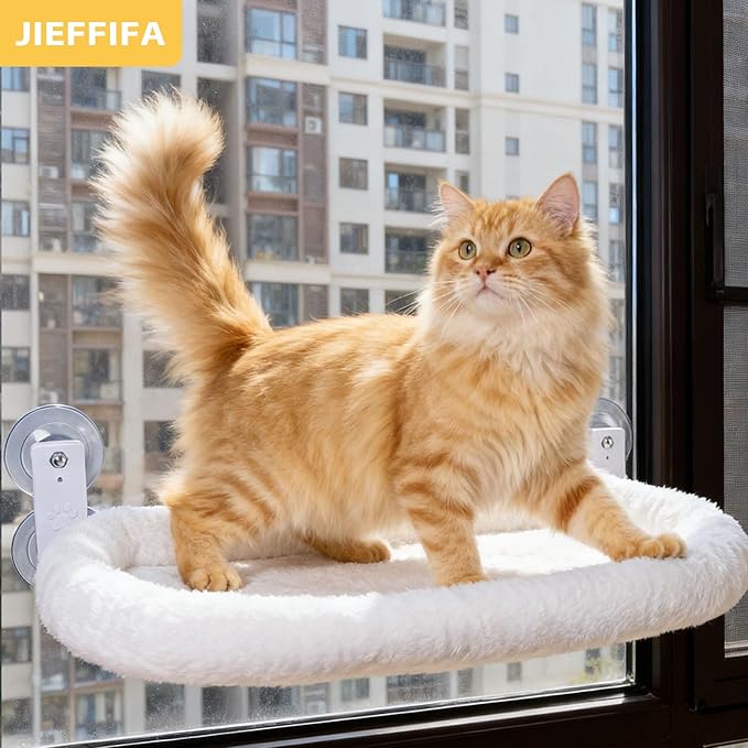 Cat Window Perch with Strong Suction Cups, 55lbs Hold Weight Tested, Foldable Cat Window Hammock Bed with Breathable Mesh, All-Season Lounger for Medium Small Cats to Bird Watch & Sunbathe (White, XL)