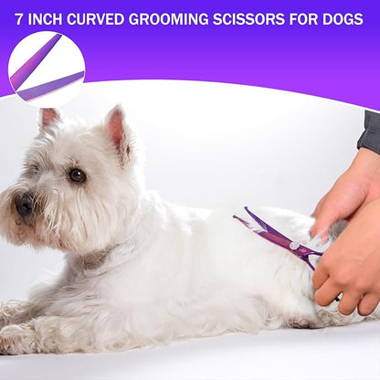 7" Curved Dog Grooming Scissors  Professional 440C Stainless Steel Pet Shears with Safety Round Tips and Sharp Blades for Body Facial Nose Ear and Paw Hair Easy Use