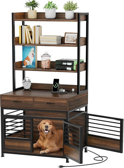 DWVO Dog Crate Furniture with Storage Shelves, Heavy Duty Dog Crate with Drawers & Charging Station, 39 Inch Dog Kennel Indoor Furniture for Large Dogs, Modern Dog Crate with Double Doors, Brown