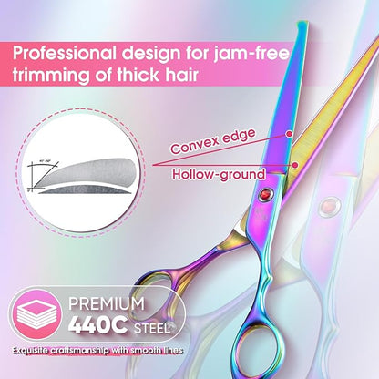 7" Straight Dog Grooming Scissors Rainbow, Grooming Shears with Offset Handle for Medium to Large Dogs, Stainless Steel 440C Shears for Novice and Professional Groomers, Sharp and Safe