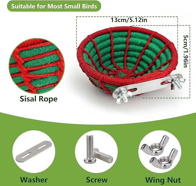 Bird Nest for Cage,Parrot Breeding Nest,Handwoven Cotton Rope Parakeet Bed,Canary Nesting House for Budgie,Finch,Cockatiel,Conure,Lovebird, Small Birds,Red&Green
