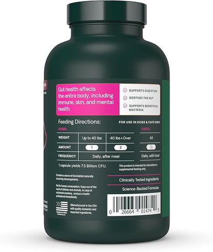 VetriScience Extra Strength Gut Health Probiotic & Prebiotic Digestive Supplements for Dogs & Cats, Gas & Diarrhea & Immune Support, Easy-Open Capsules, 180 Count - New Look