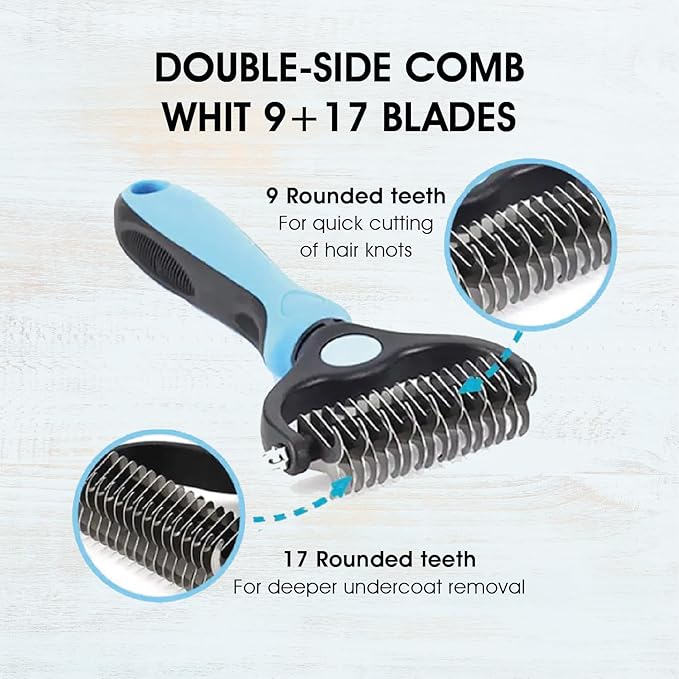 Pet hair remover comb, grooming brush, detangler, hair brush, double-sided blades. Friendly Dog Brush for Shedding & Effective Hair. Shedding Comb and Dematting Tool for Grooming
