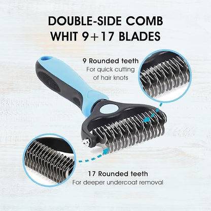 Pet hair remover comb, grooming brush, detangler, hair brush, double-sided blades. Friendly Dog Brush for Shedding & Effective Hair. Shedding Comb and Dematting Tool for Grooming