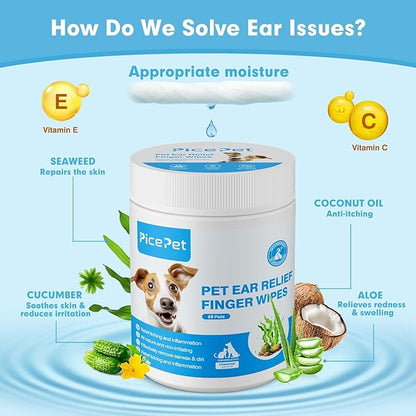 Seaweed Ear Cleaner Wipes for Dogs & Cats - Gentle Finger Wipes for Cleaning Earwax, Debris - Soothe Itching & Inflammation - Unscented, Hypoallergenic & Deodorizing - Made in PRC (60 Pcs)