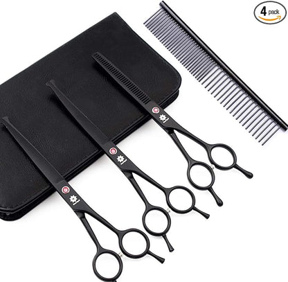Dream Reach 7.0 Inches Professional Pet Cat Dog Grooming Shears Scissors, Straight, Curved, Thinning/Blending/Chunking Scissors Kit (3-Set Blunt Tip)
