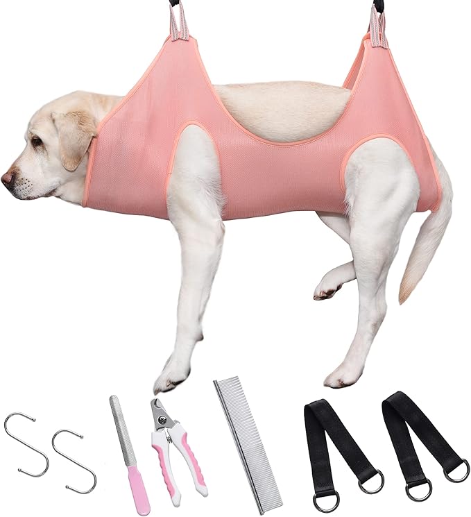Dog Grooming Hammock | Pet Grooming Hammock Helper | Dog Grooming Harness with Nail Clippers/Nail Trimmers Nail File S-Hooks Strap Slings & Stainless-Steel Fur Comb | Size: L | Pink/Peach