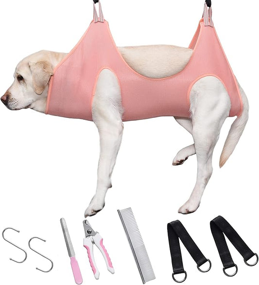 Dog Grooming Hammock | Pet Grooming Hammock Helper | Dog Grooming Harness with Nail Clippers/Nail Trimmers Nail File S-Hooks Strap Slings & Stainless-Steel Fur Comb | Size: L | Pink/Peach